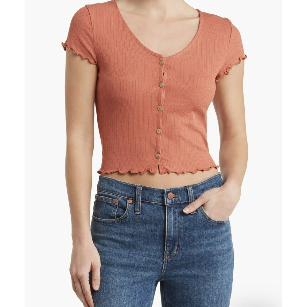 Madewell Ribbed Button-Front V-Neck Tee Short Slv Blouse XXS Coral NWOT NJ806